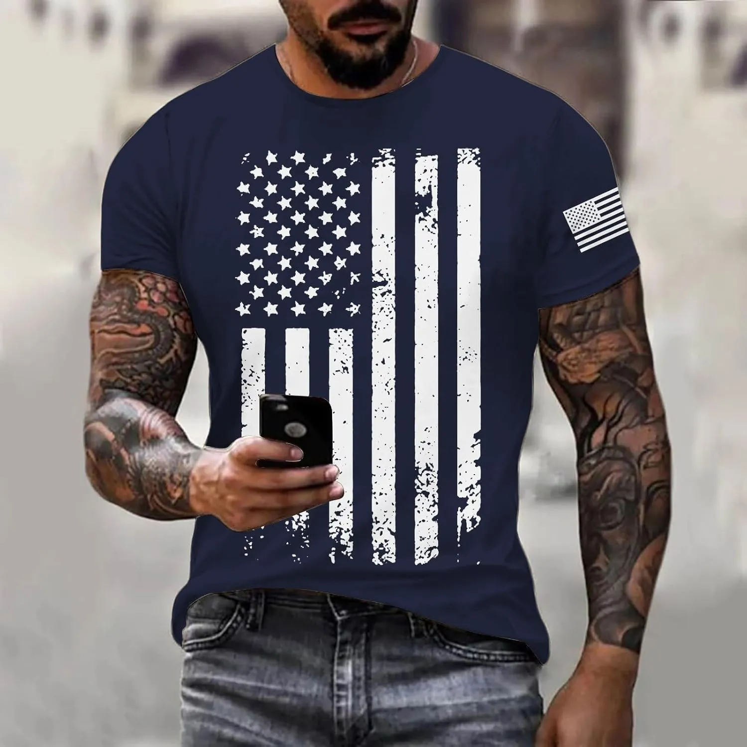 Patriotic Shirts for Men 2025 Short Sleeve Round Neck Flag Printed Gym Workout Tees 4Th of July Graphic Shirt