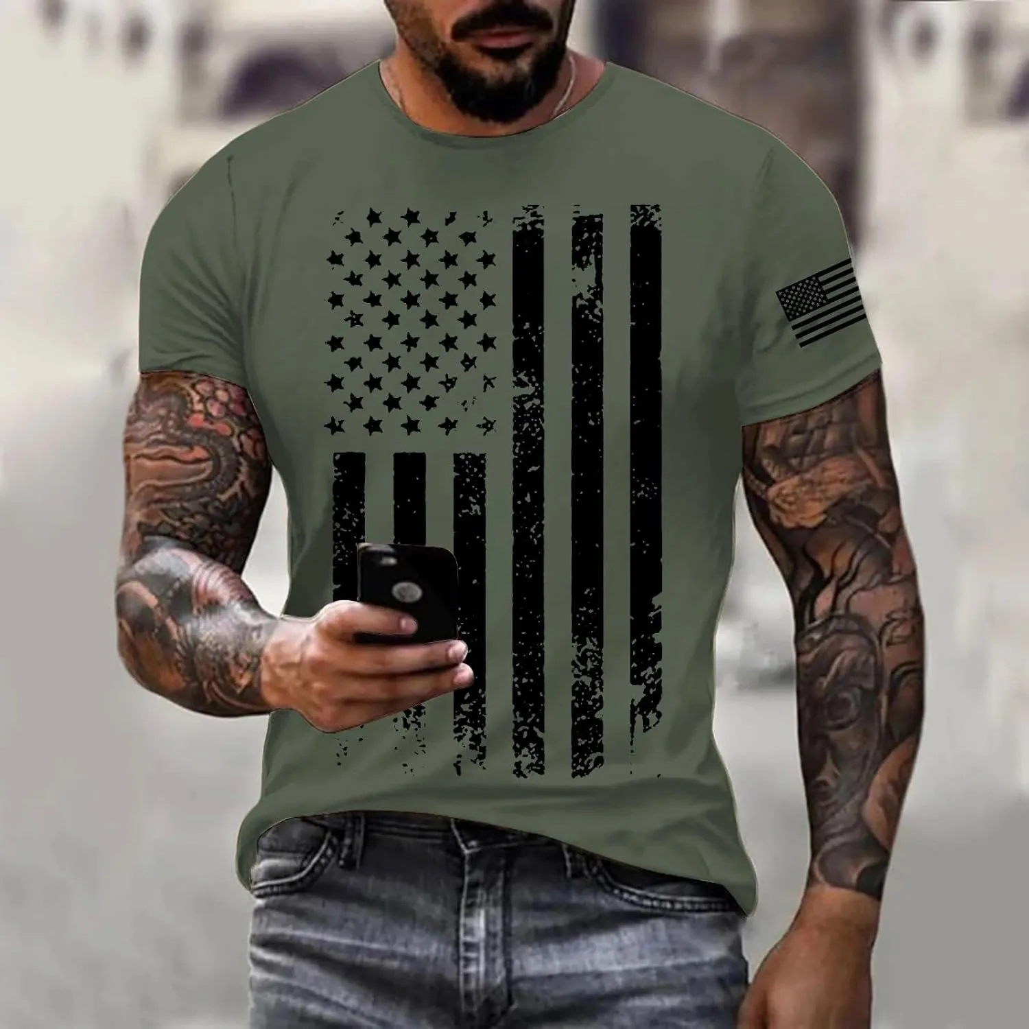 Patriotic Shirts for Men 2025 Short Sleeve Round Neck Flag Printed Gym Workout Tees 4Th of July Graphic Shirt