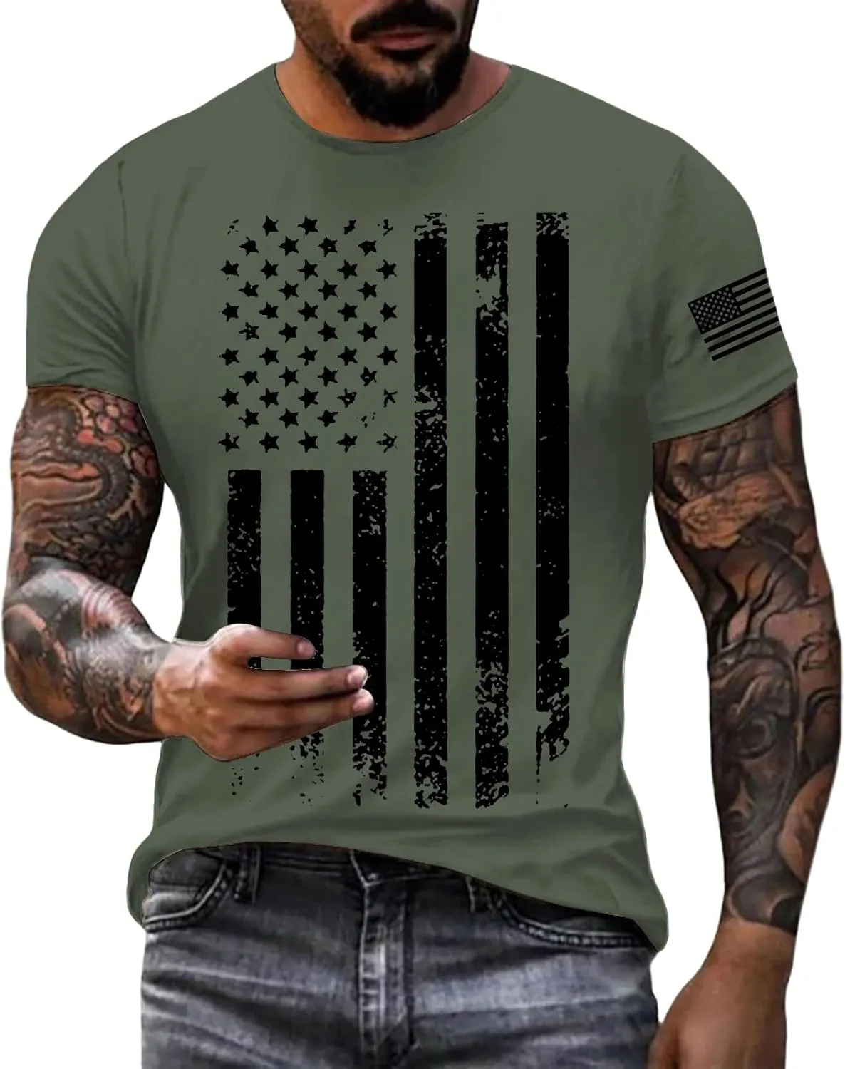 Patriotic Shirts for Men 2025 Short Sleeve Round Neck Flag Printed Gym Workout Tees 4Th of July Graphic Shirt