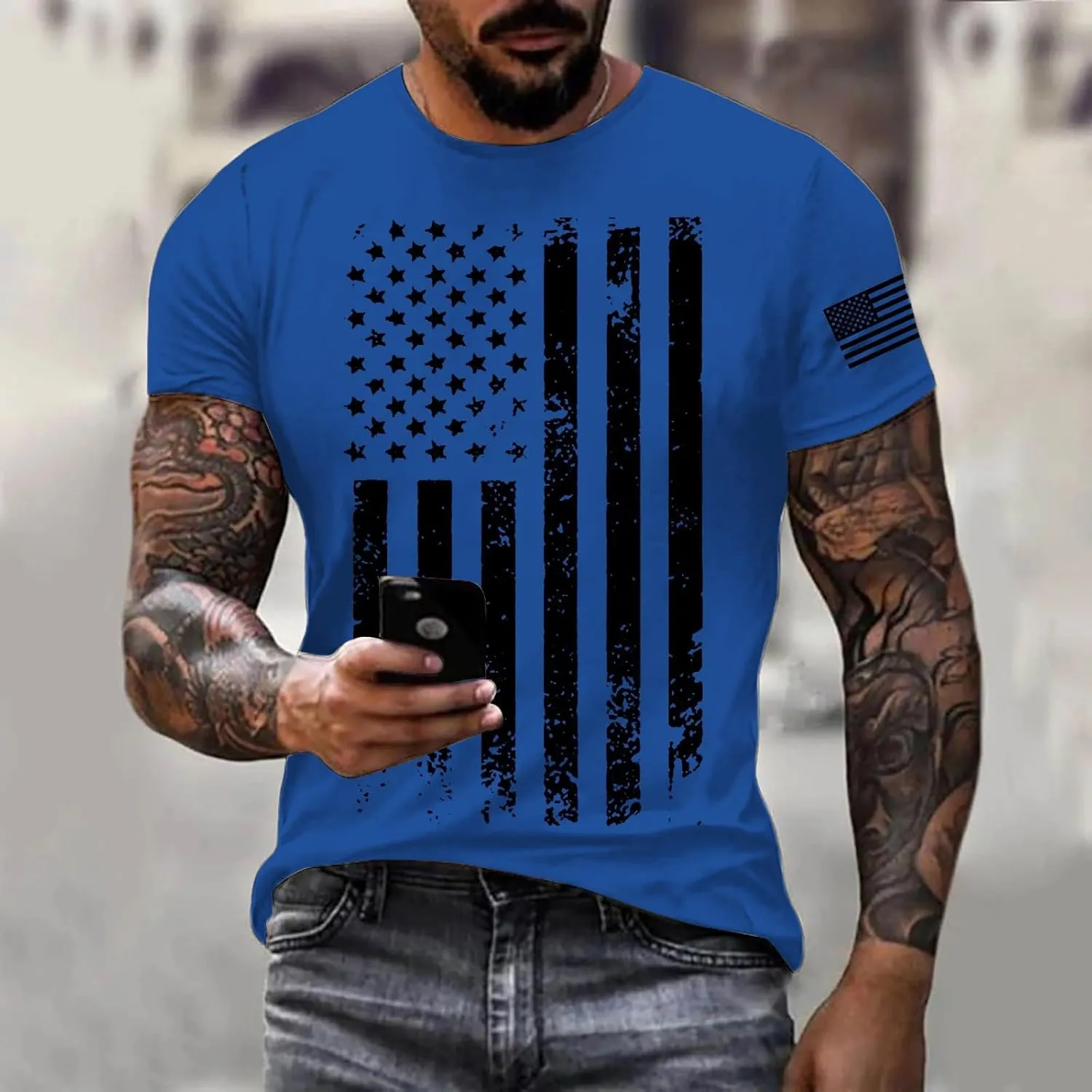 Patriotic Shirts for Men 2025 Short Sleeve Round Neck Flag Printed Gym Workout Tees 4Th of July Graphic Shirt