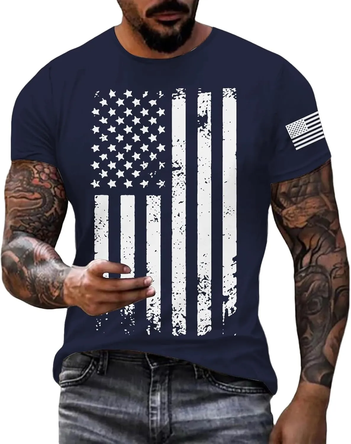 Patriotic Shirts for Men 2025 Short Sleeve Round Neck Flag Printed Gym Workout Tees 4Th of July Graphic Shirt