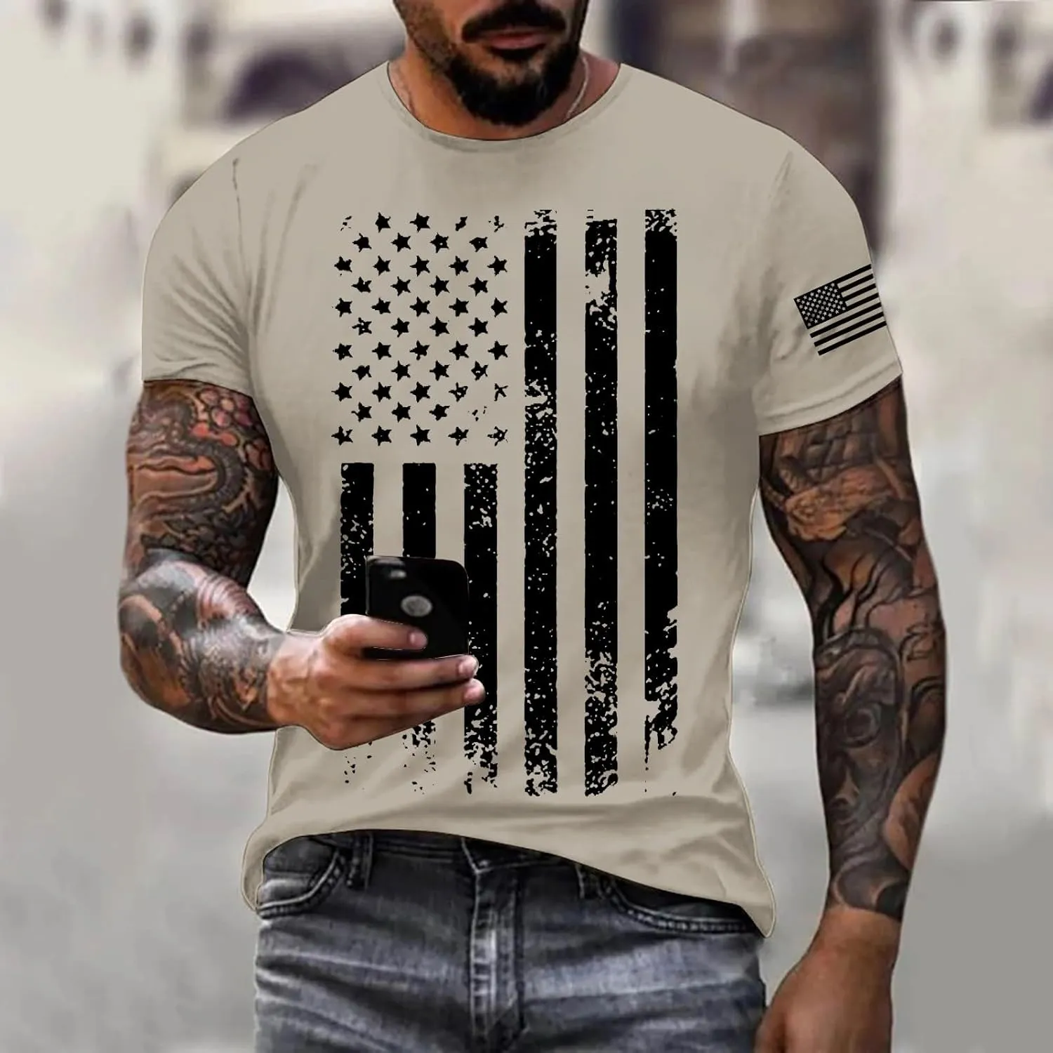 Patriotic Shirts for Men 2025 Short Sleeve Round Neck Flag Printed Gym Workout Tees 4Th of July Graphic Shirt