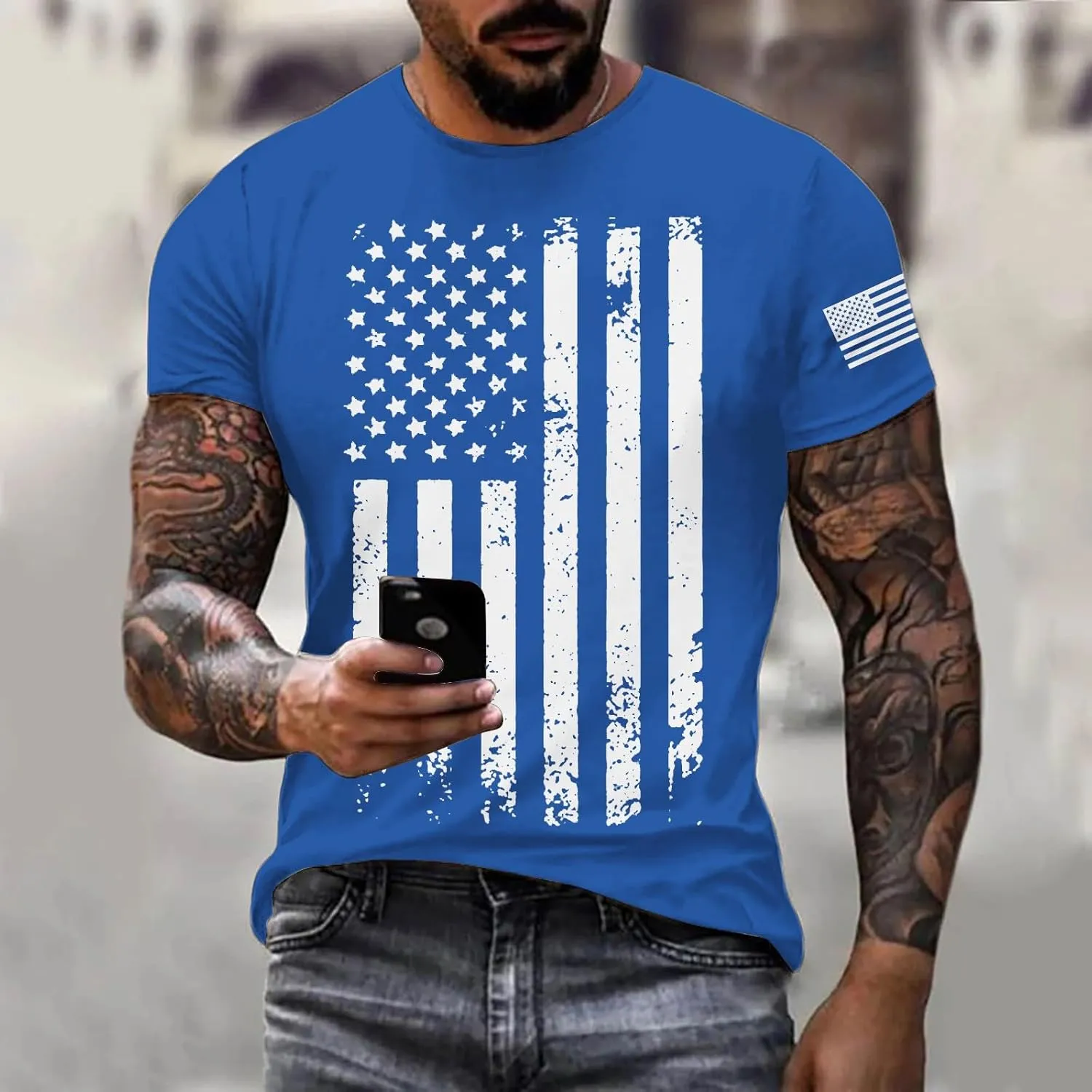 Patriotic Shirts for Men 2025 Short Sleeve Round Neck Flag Printed Gym Workout Tees 4Th of July Graphic Shirt