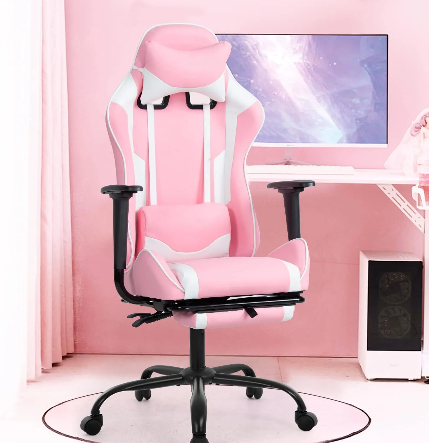 PC Gaming Chair Desk Chair Ergonomic Office Chair Executive High Back PU Leather Racing Computer Chair with Lumbar Support Footrest Modern Task Rolling Swivel Chair for Women Men Girls Adults, Pink