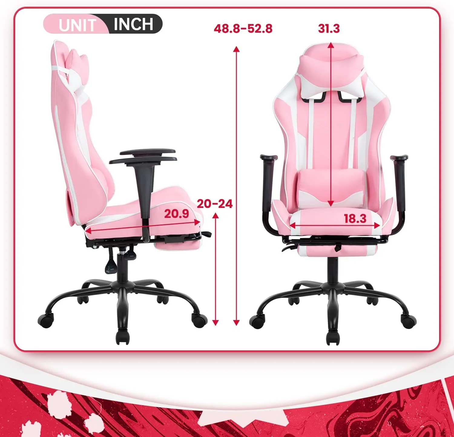 PC Gaming Chair Desk Chair Ergonomic Office Chair Executive High Back PU Leather Racing Computer Chair with Lumbar Support Footrest Modern Task Rolling Swivel Chair for Women Men Girls Adults, Pink