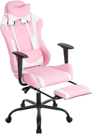 PC Gaming Chair Desk Chair Ergonomic Office Chair Executive High Back PU Leather Racing Computer Chair with Lumbar Support Footrest Modern Task Rolling Swivel Chair for Women Men Girls Adults, Pink