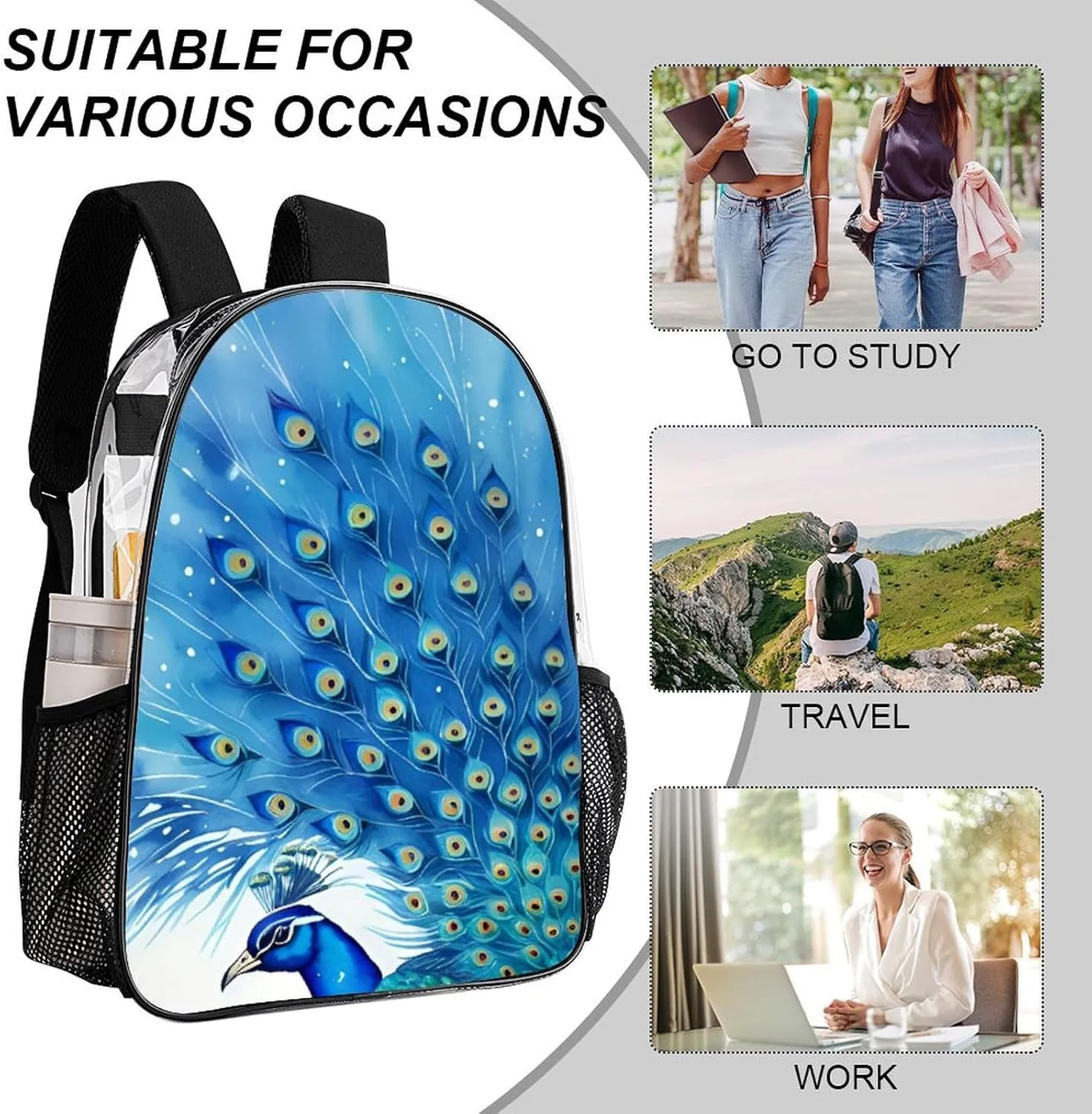 Peacock Blue Watercolor Art Daypack Backpack Transparent Multipurpose Anti-Theft Shoulder Bag Big Capacity Gym Outdoor Hiking Backpack With Smooth Zippers