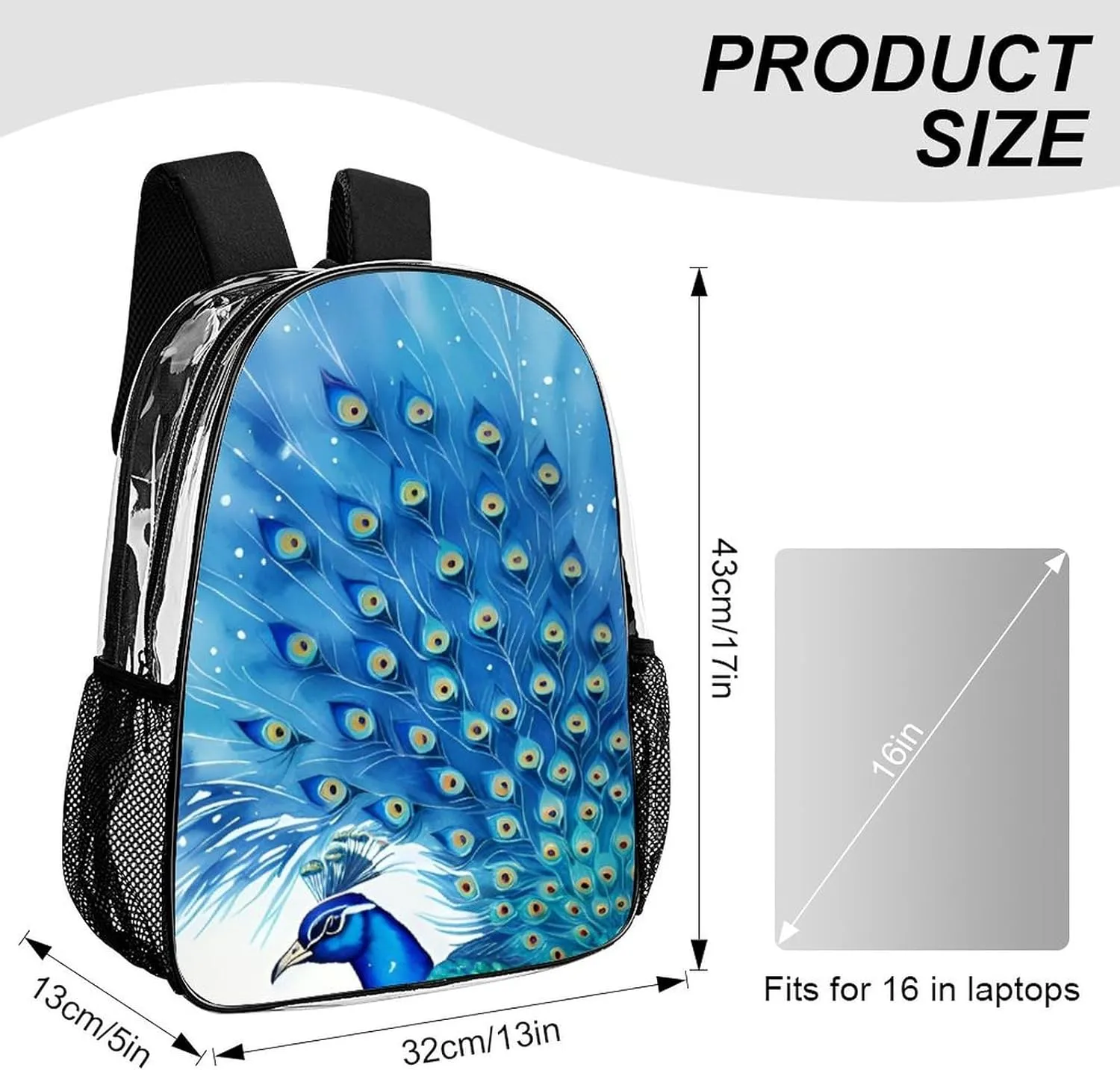 Peacock Blue Watercolor Art Daypack Backpack Transparent Multipurpose Anti-Theft Shoulder Bag Big Capacity Gym Outdoor Hiking Backpack With Smooth Zippers