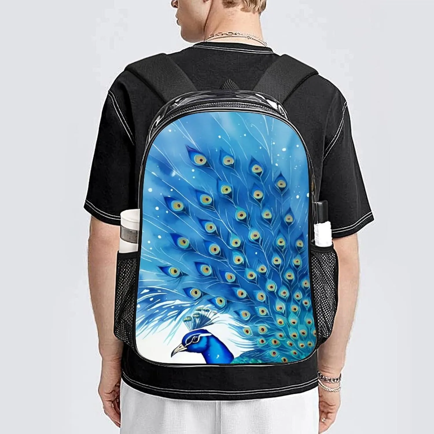 Peacock Blue Watercolor Art Daypack Backpack Transparent Multipurpose Anti-Theft Shoulder Bag Big Capacity Gym Outdoor Hiking Backpack With Smooth Zippers