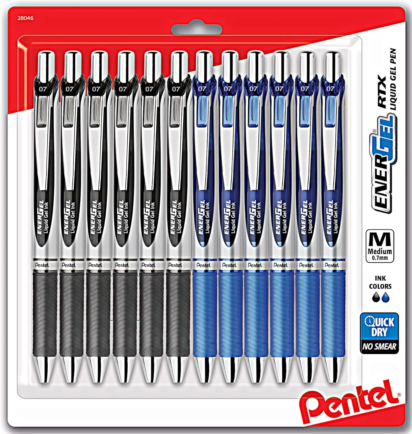Pentel Energel 0.7 mm Rtx Retractable, 12 Pack of 6 Black & 6 Blue Ink Pens Metal Tip, Medium Point Energel Liquid Gel Ink Pens 0.7 mm