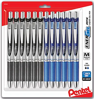 Pentel Energel 0.7 mm Rtx Retractable, 12 Pack of 6 Black & 6 Blue Ink Pens Metal Tip, Medium Point Energel Liquid Gel Ink Pens 0.7 mm