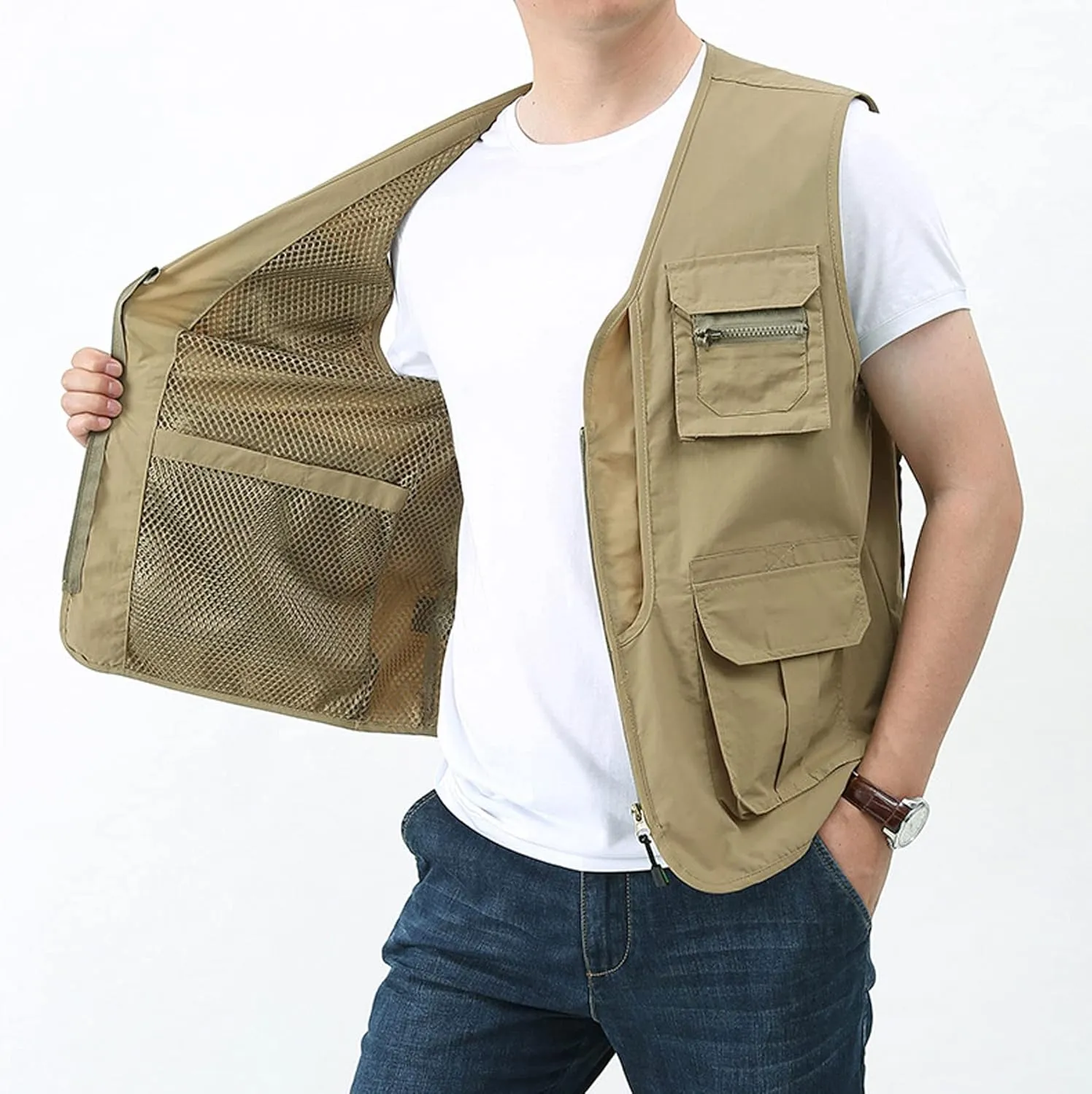 Perbai Men's Black Utility Fishing Vest Outdoor Summer Lightweight Work Photo Safari Cargo Vest