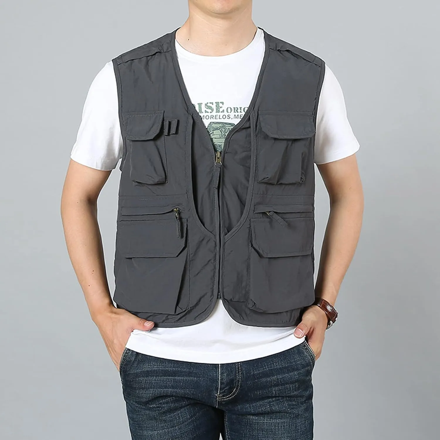Perbai Men's Black Utility Fishing Vest Outdoor Summer Lightweight Work Photo Safari Cargo Vest