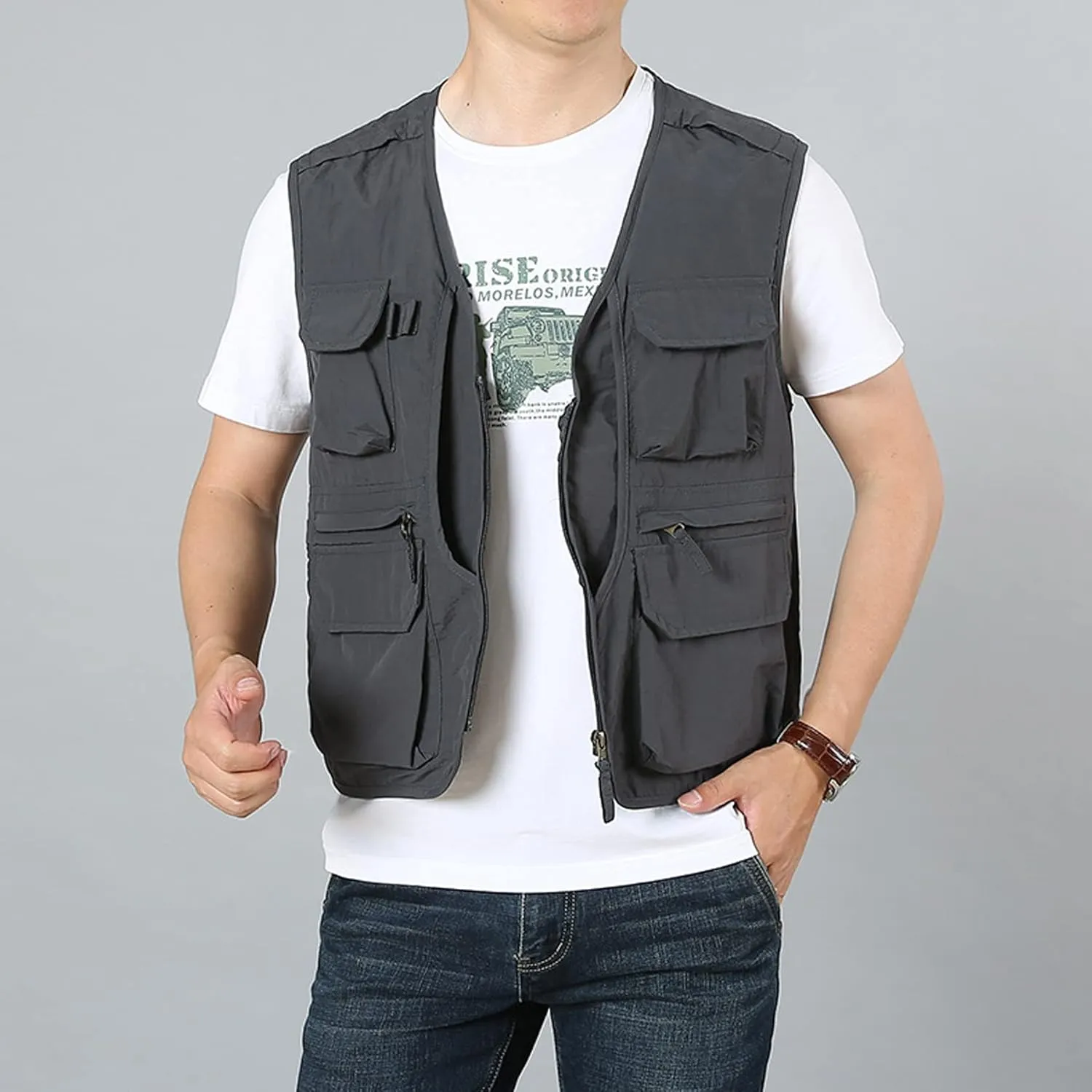 Perbai Men's Black Utility Fishing Vest Outdoor Summer Lightweight Work Photo Safari Cargo Vest