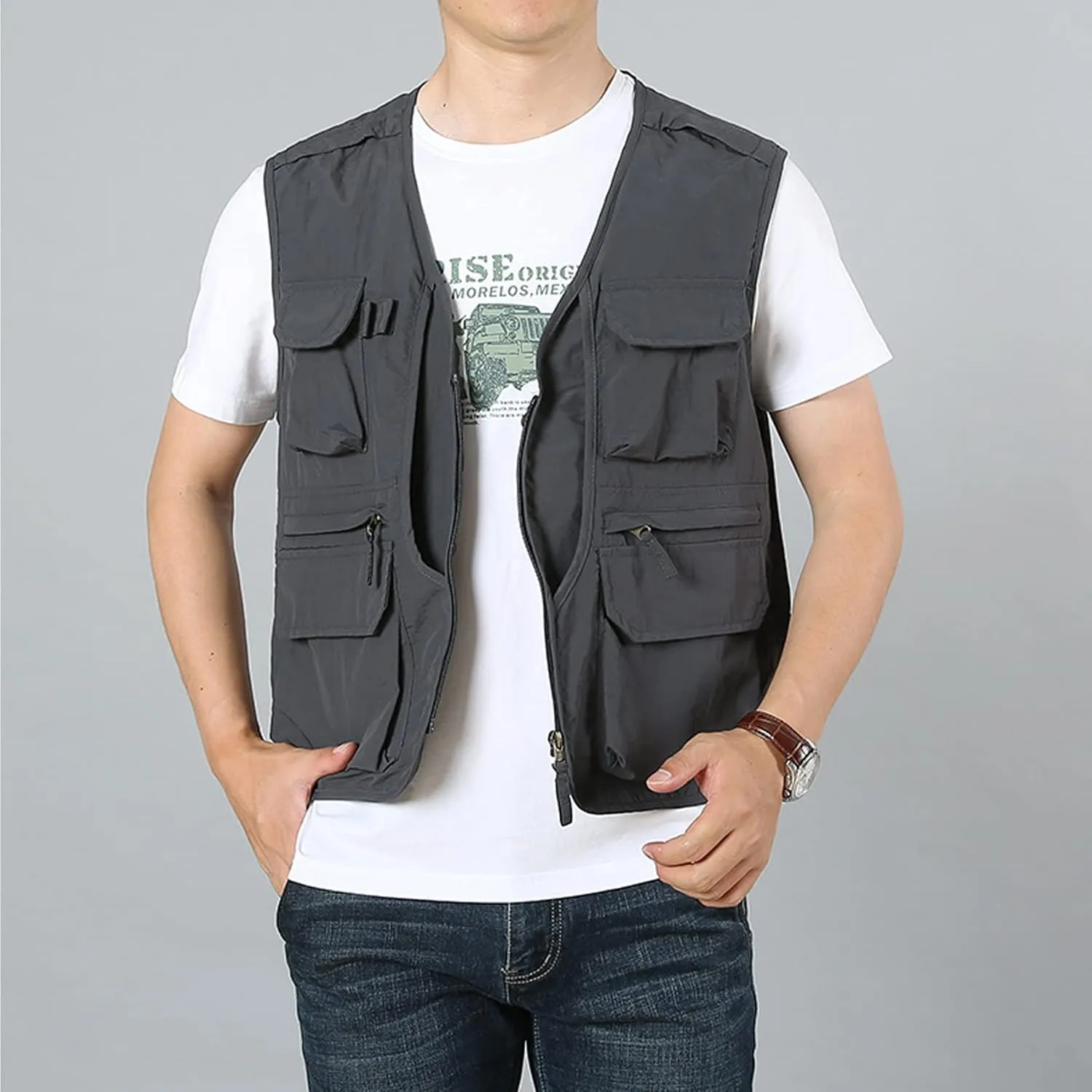 Perbai Men's Black Utility Fishing Vest Outdoor Summer Lightweight Work Photo Safari Cargo Vest