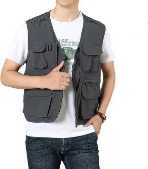 Perbai Men's Black Utility Fishing Vest Outdoor Summer Lightweight Work Photo Safari Cargo Vest