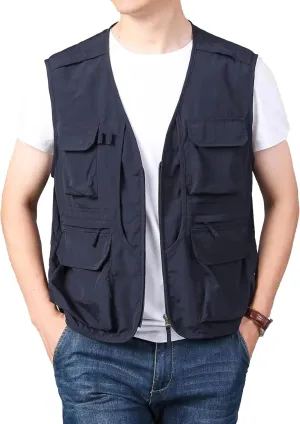 Perbai Men's Black Utility Fishing Vest Outdoor Summer Lightweight Work Photo Safari Cargo Vest