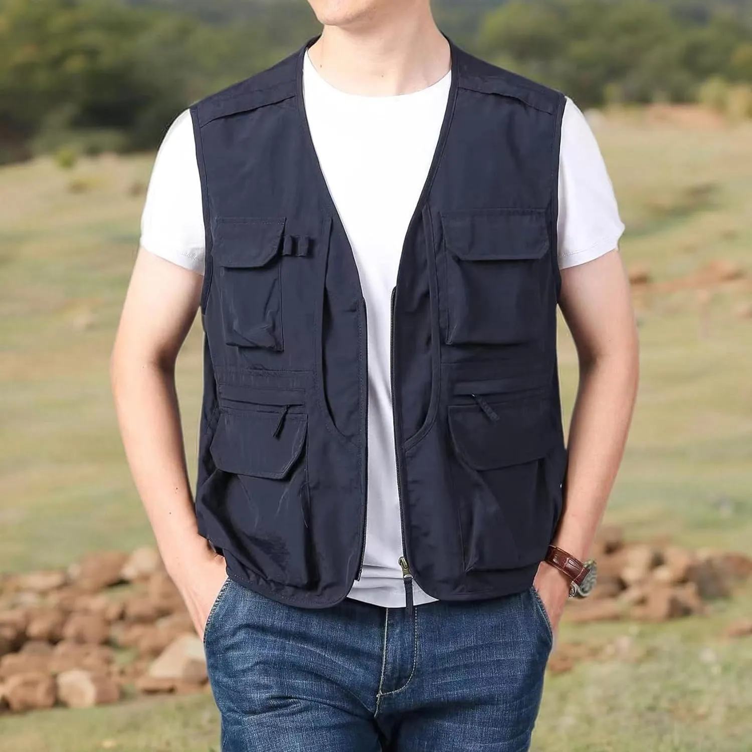 Perbai Men's Black Utility Fishing Vest Outdoor Summer Lightweight Work Photo Safari Cargo Vest