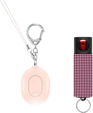 Personal Safety Alarm with Pepper Spray Gel, Self Defence Defense Keychain for Women Protection, Travel Hotel Door Stop Alarm, Luggage Anti-Theft, 130dB Siren, Mini Flashlight Pink & Pink