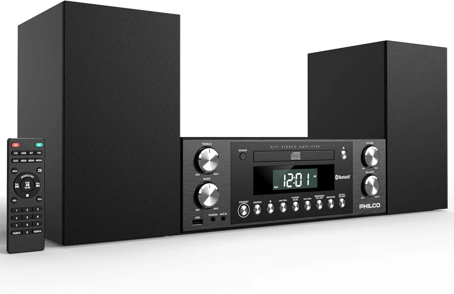 Philco Executive Shelf System - All-in-One Bluetooth Home Stereo System with CD Player with 50 watts of Sound and MP3 / USB Playback