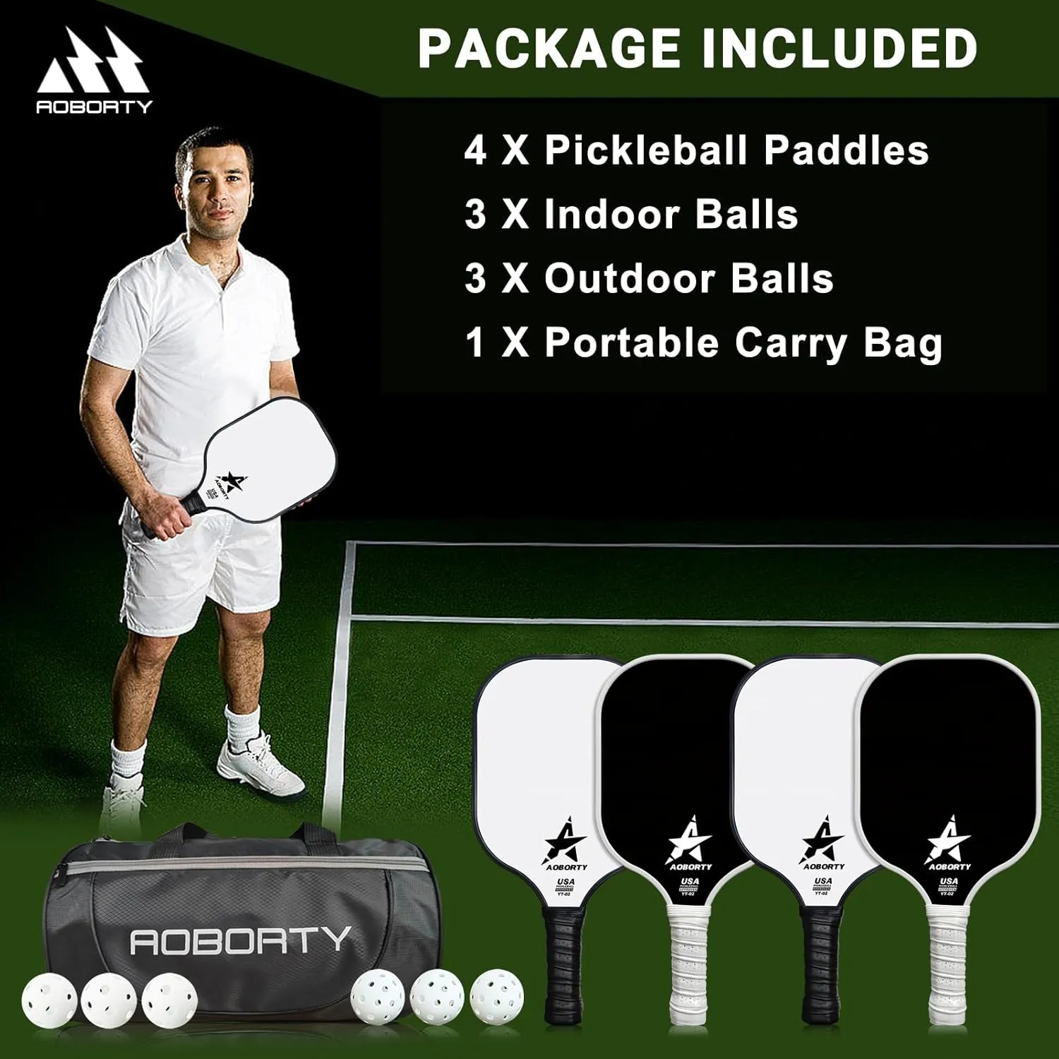 Pickleball Paddles 4 Pack - USAPA Light Graphite Premium Rackets Fiber Face & Polymer Honeycomb Core Pickleball Set with 6 Outdoor Indoor Balls Including Portable Carry Bag