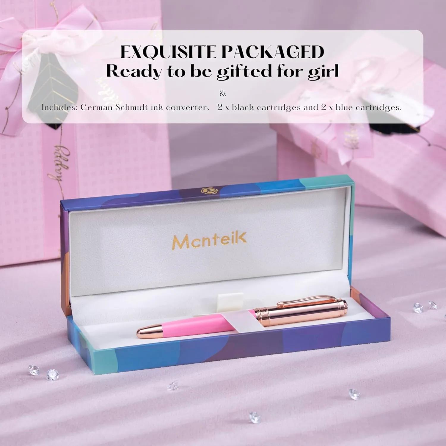 Pink Fountain Pen, 8mm Brilliant diamond, Schmidt 18K Gilded Nib (Extra Fine), Converter, Attractive Real Rose Gold Finish, Glitter Best Pens Gifts for Women Wedding Designer Office, Nice pen