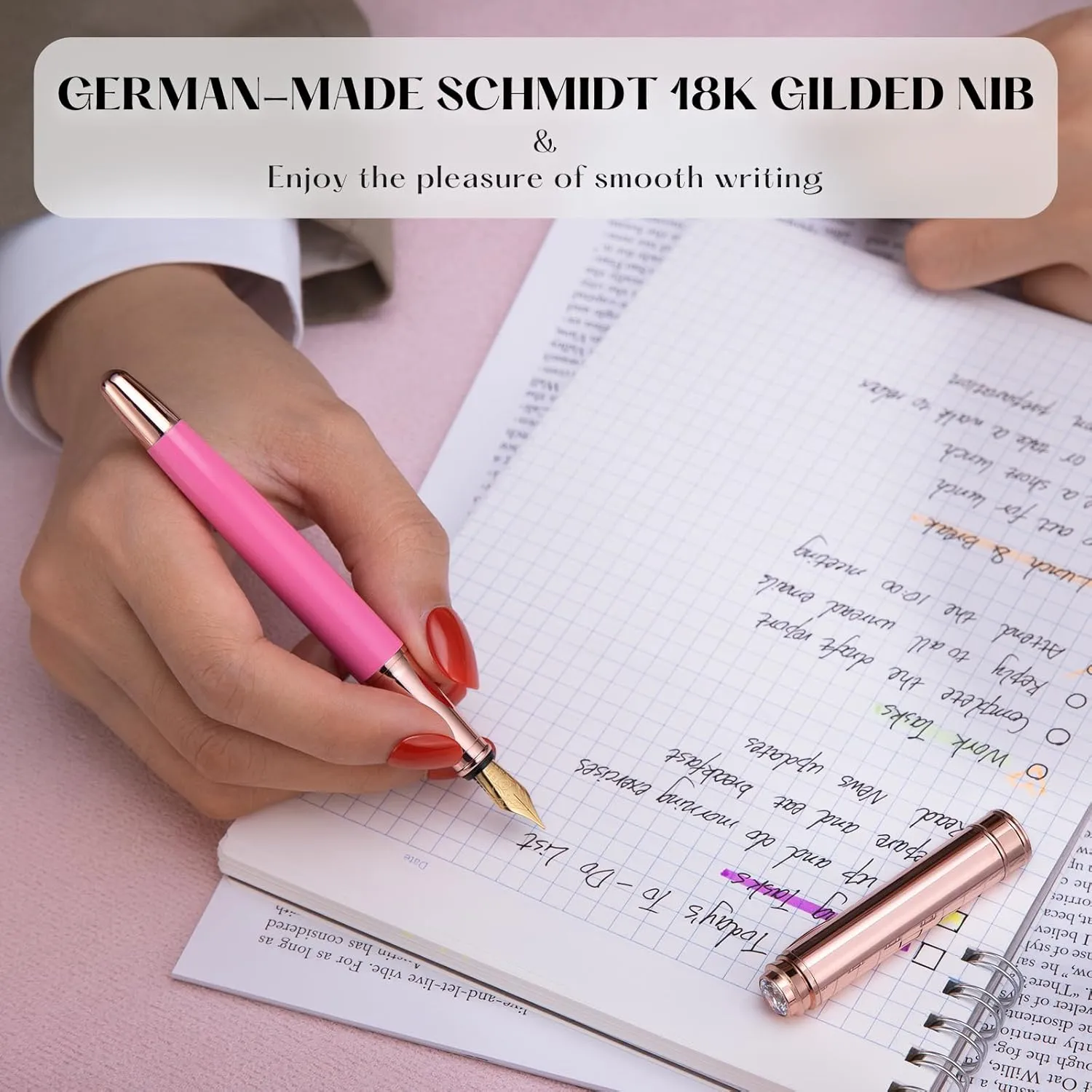 Pink Fountain Pen, 8mm Brilliant diamond, Schmidt 18K Gilded Nib (Extra Fine), Converter, Attractive Real Rose Gold Finish, Glitter Best Pens Gifts for Women Wedding Designer Office, Nice pen