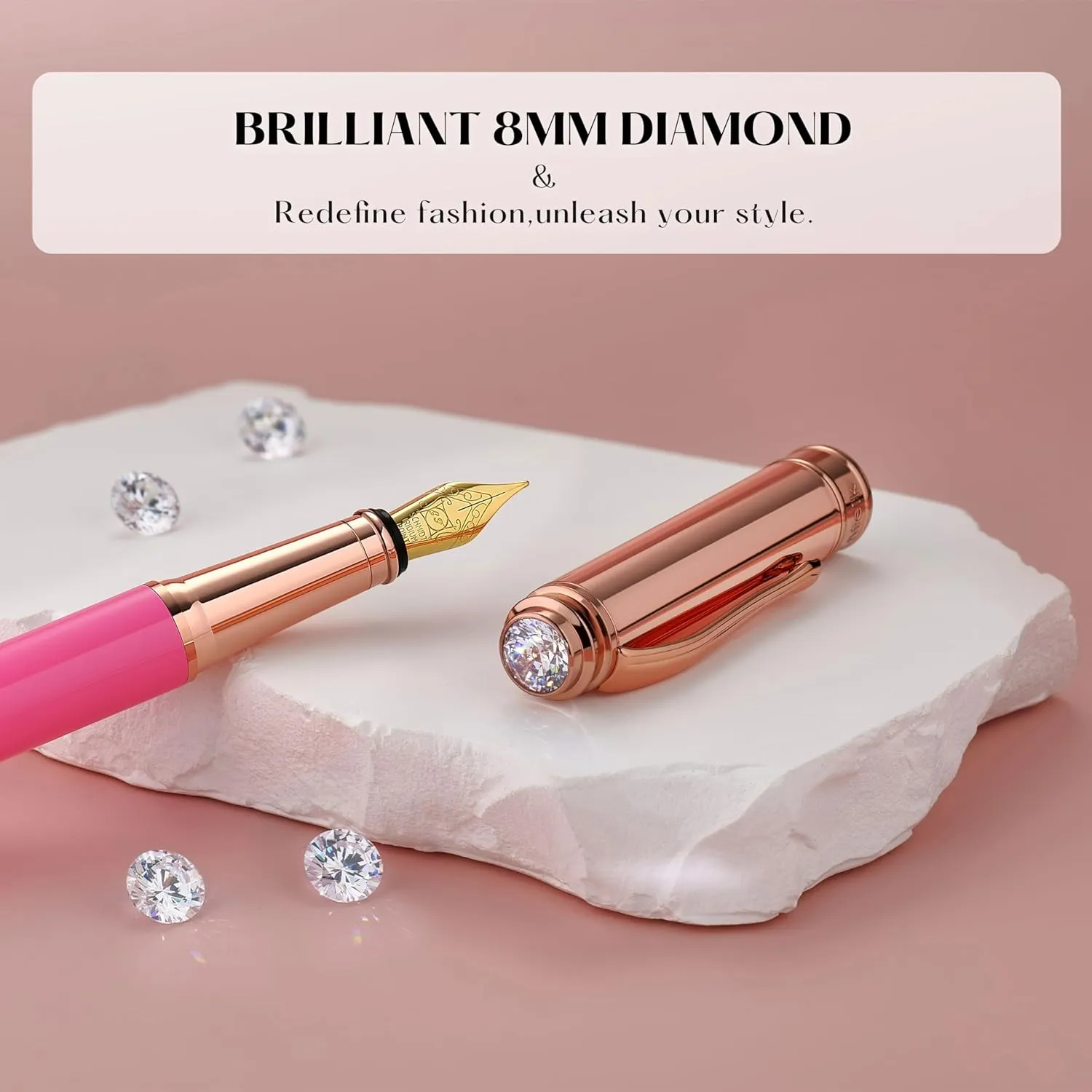 Pink Fountain Pen, 8mm Brilliant diamond, Schmidt 18K Gilded Nib (Extra Fine), Converter, Attractive Real Rose Gold Finish, Glitter Best Pens Gifts for Women Wedding Designer Office, Nice pen