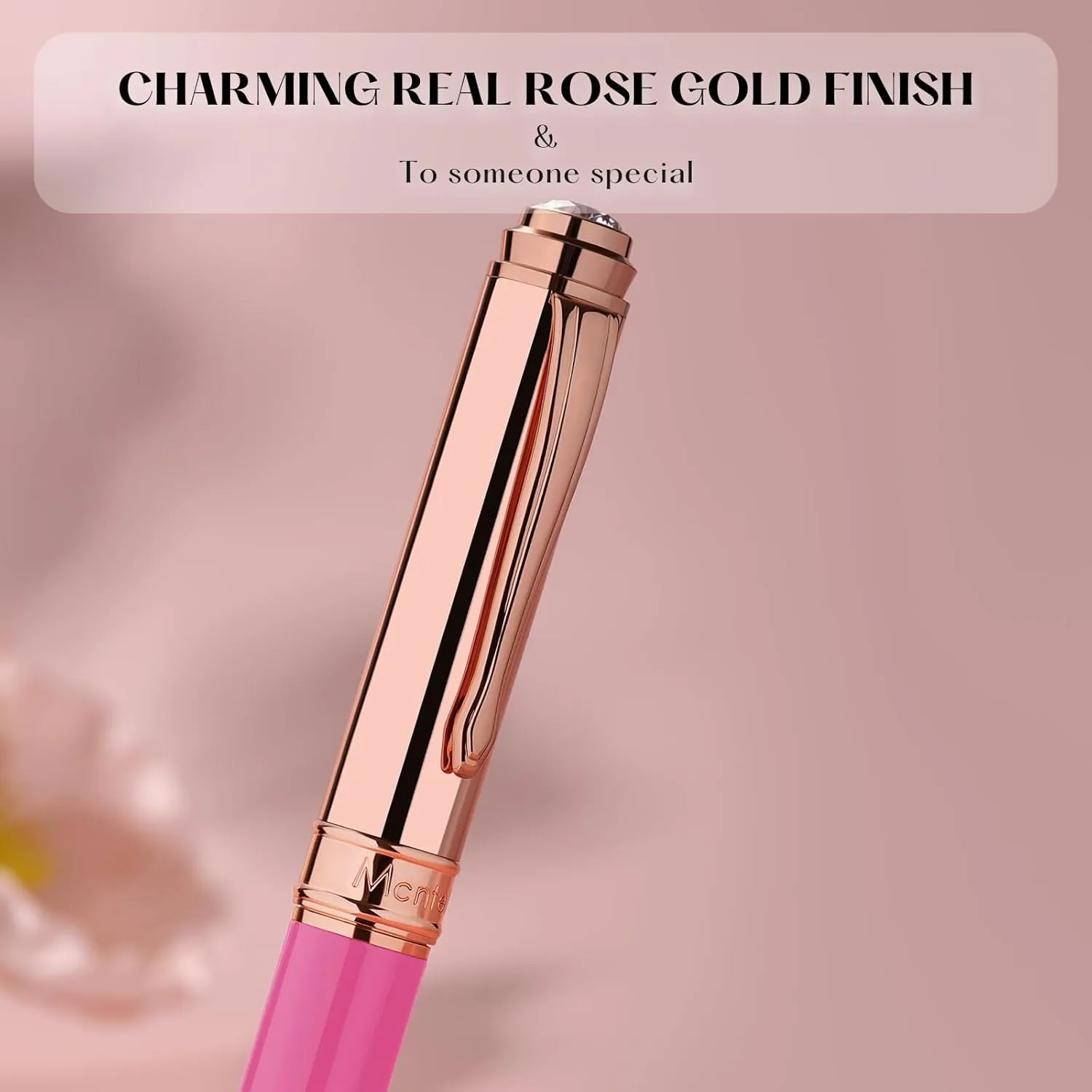 Pink Fountain Pen, 8mm Brilliant diamond, Schmidt 18K Gilded Nib (Extra Fine), Converter, Attractive Real Rose Gold Finish, Glitter Best Pens Gifts for Women Wedding Designer Office, Nice pen