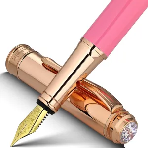 Pink Fountain Pen, 8mm Brilliant diamond, Schmidt 18K Gilded Nib (Extra Fine), Converter, Attractive Real Rose Gold Finish, Glitter Best Pens Gifts for Women Wedding Designer Office, Nice pen