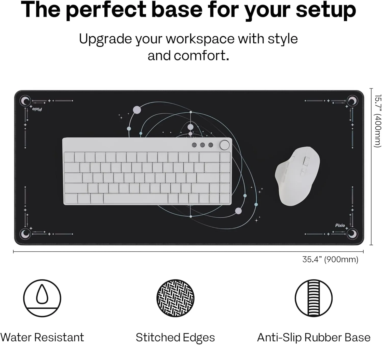 Pixio Mouse Pads - 36 x 16 inch XXL Cosmic Orbit Black Multifunctional Large Desk Mats for Gaming, Office, Desktop Anti-Slip Waterproof Washable Computer Mouse Mat
