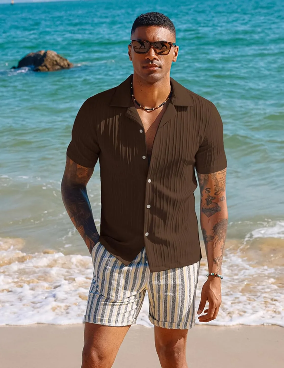 PJ PAUL JONES Men's Casual Button Down Shirts - Short Sleeve Summer Textured Beach Wrinkle-Free Shirts