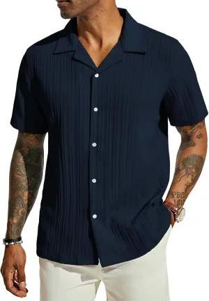PJ PAUL JONES Men's Casual Button Down Shirts - Short Sleeve Summer Textured Beach Wrinkle-Free Shirts