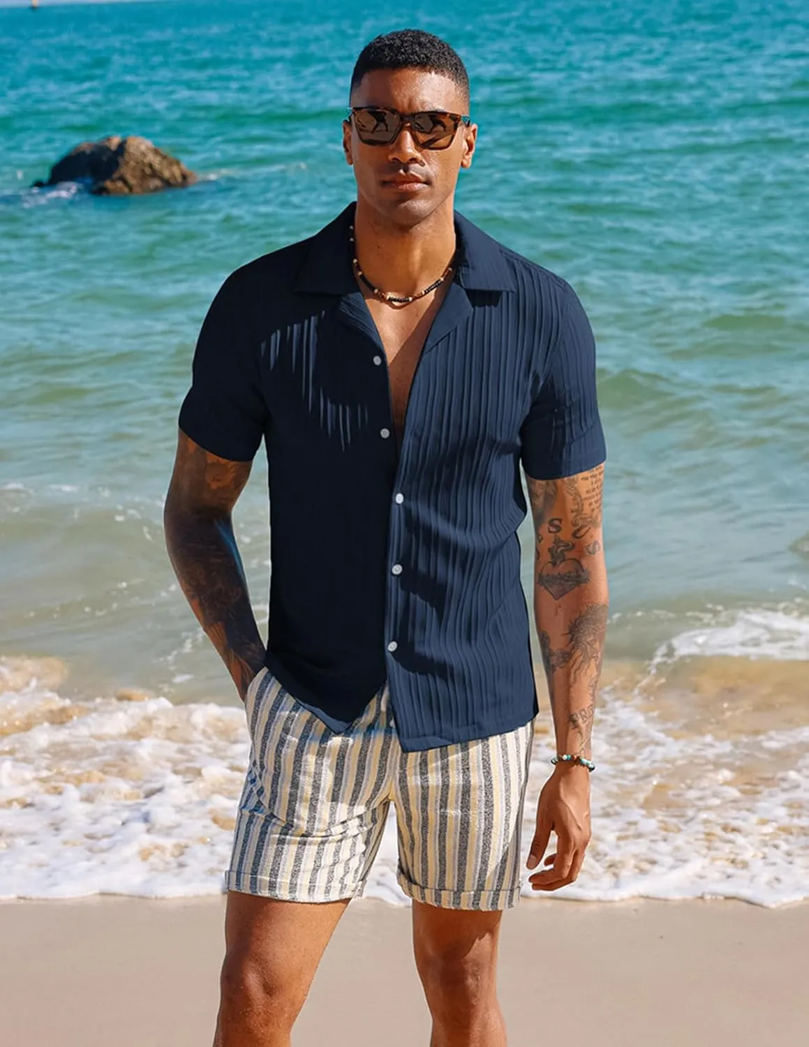PJ PAUL JONES Men's Casual Button Down Shirts - Short Sleeve Summer Textured Beach Wrinkle-Free Shirts