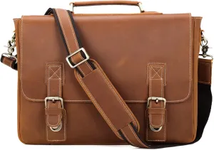 Polare Vintage Full Grain Leather Tote Briefcase Professional 16'' Laptop Shoulder Messenger Bag with YKK Metal Zippers (Light Brown)