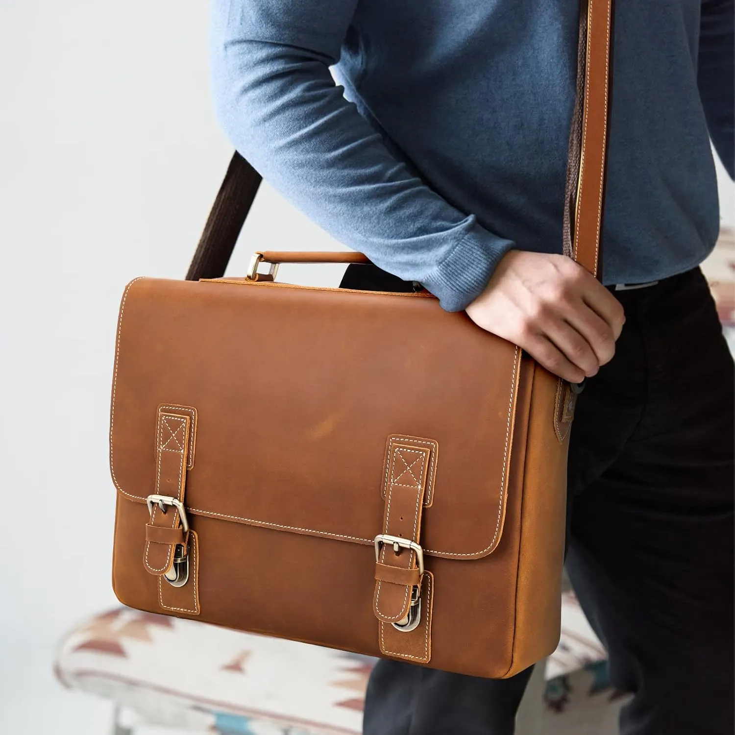 Polare Vintage Full Grain Leather Tote Briefcase Professional 16'' Laptop Shoulder Messenger Bag with YKK Metal Zippers (Light Brown)