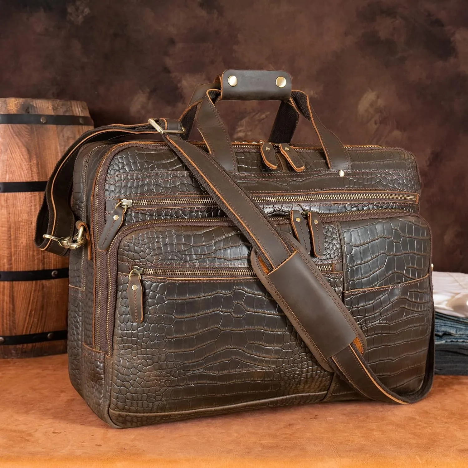 Polare X-Large 18" Full Grain Leather Briefcase For Men Business Travel Case Messenger Bag Fits 17.3" Laptop