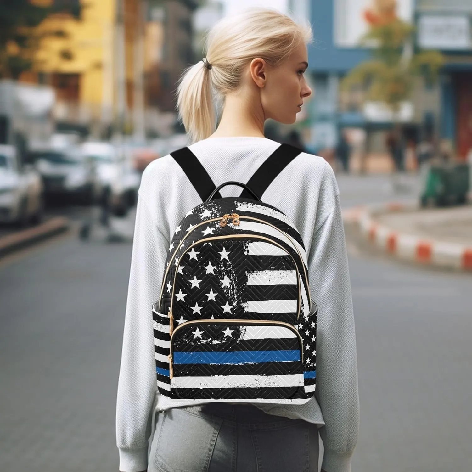Police Blue Line Flag Mini Backpack for Women, LightWeight Travel Backpack Purse Shoulder Bag Small Casual Daypack for Womens