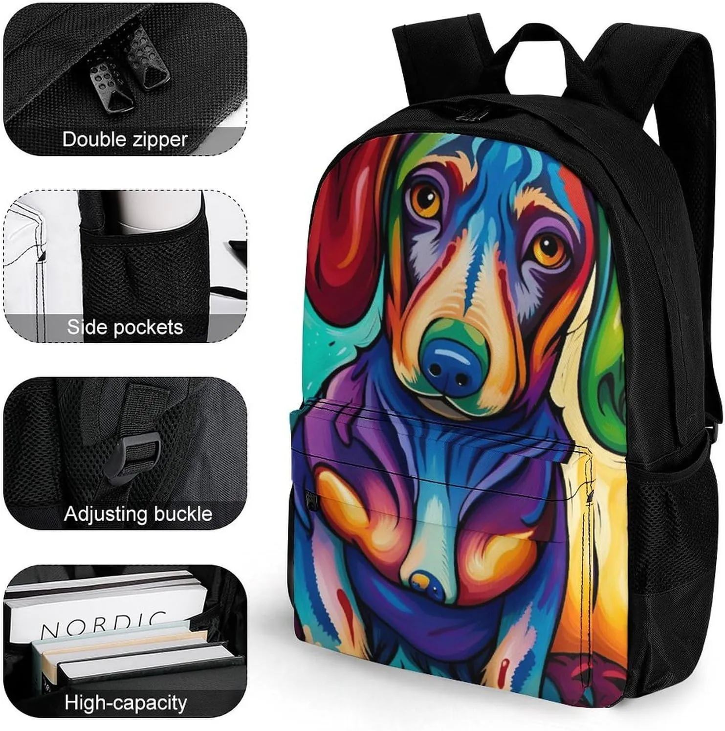 Polyester Daypack Backpack for Sports Travel Running - Big Capacity Anti-Theft Multipurpose Carry On Bag, Sausage Dog Dachshund Art Laptop Book Bag Rucksack