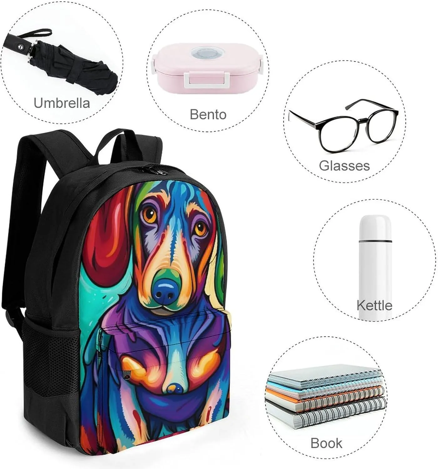 Polyester Daypack Backpack for Sports Travel Running - Big Capacity Anti-Theft Multipurpose Carry On Bag, Sausage Dog Dachshund Art Laptop Book Bag Rucksack