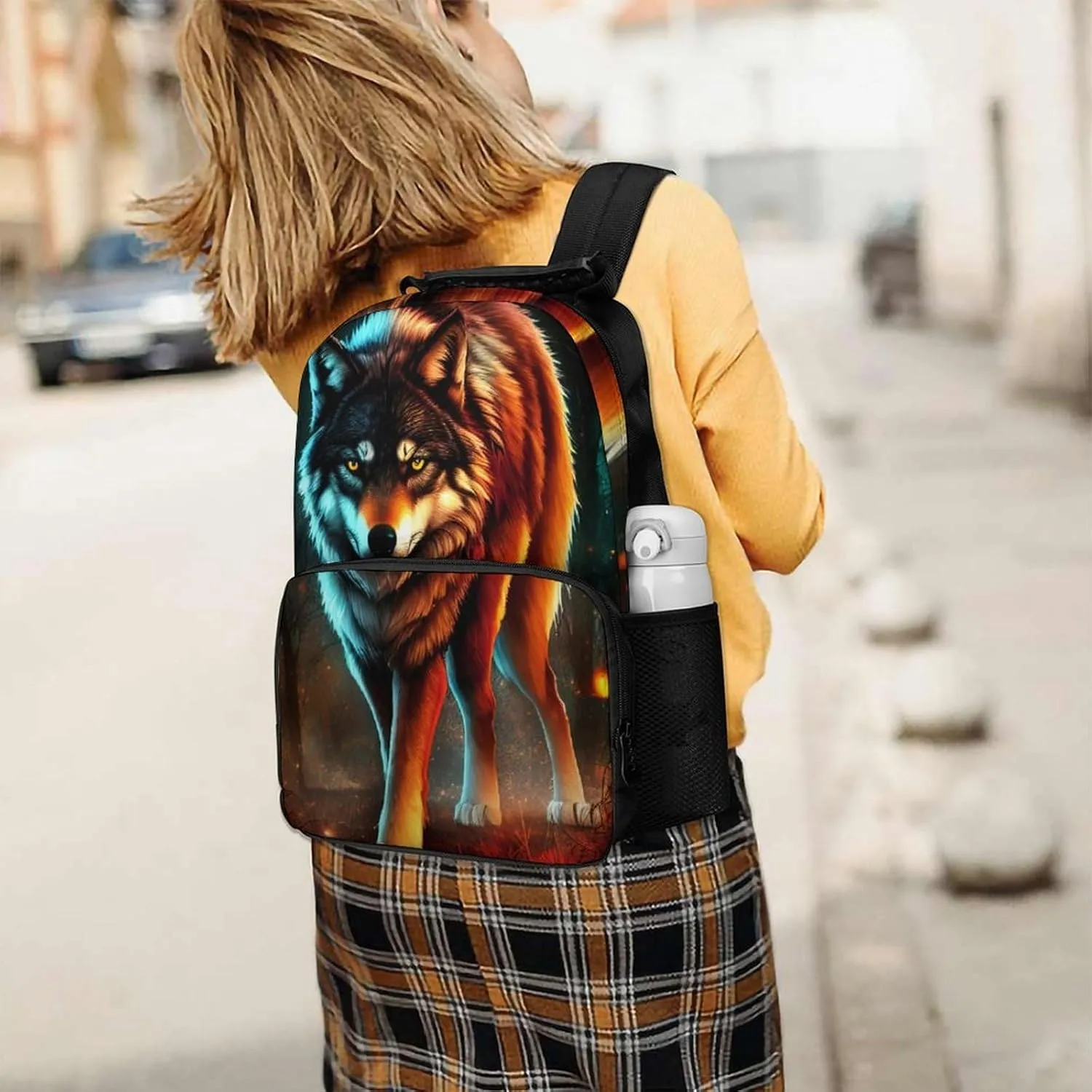 Polyester Daypack Bookbag for Gym Business Bicycle - Large Capacity Multipurpose Anti-Theft Carry On Bag, Wolf Glare Art Travel Hiking Daypack