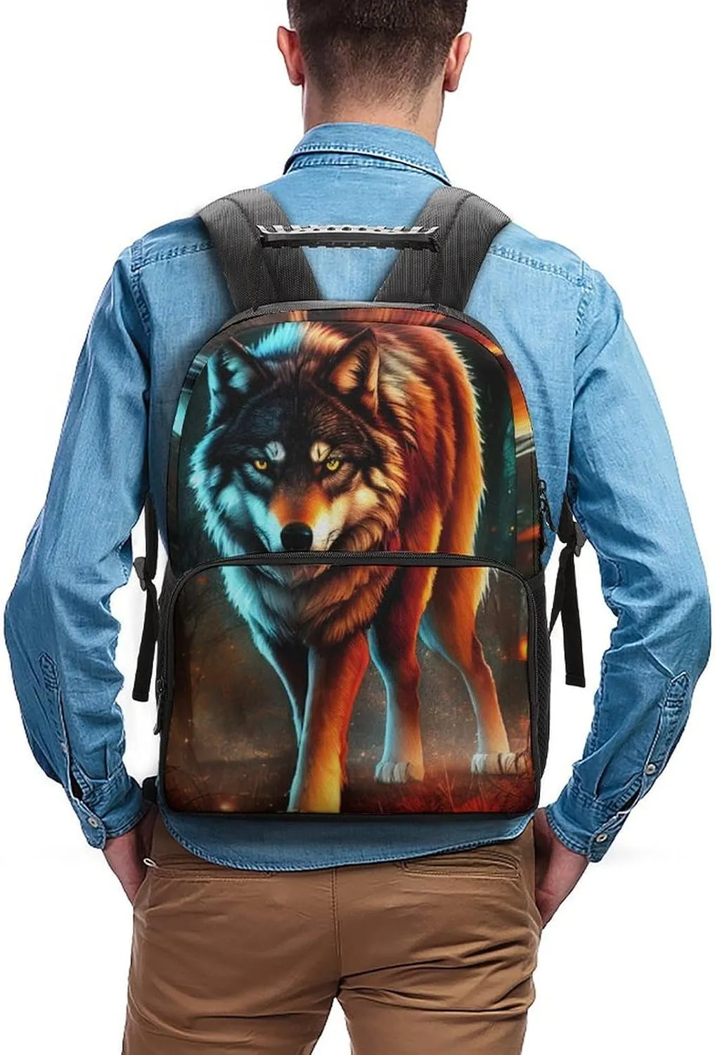 Polyester Daypack Bookbag for Gym Business Bicycle - Large Capacity Multipurpose Anti-Theft Carry On Bag, Wolf Glare Art Travel Hiking Daypack