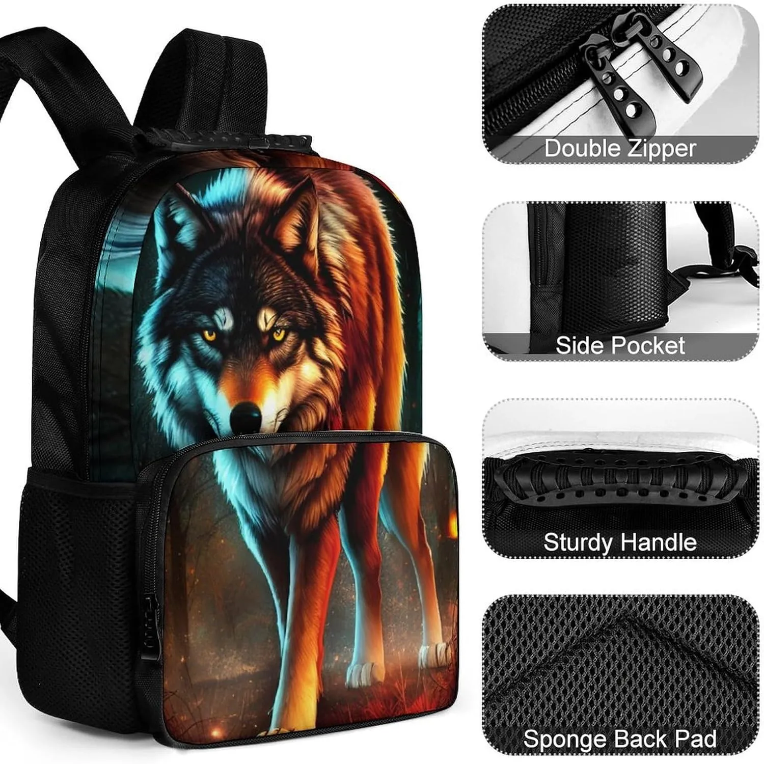 Polyester Daypack Bookbag for Gym Business Bicycle - Large Capacity Multipurpose Anti-Theft Carry On Bag, Wolf Glare Art Travel Hiking Daypack