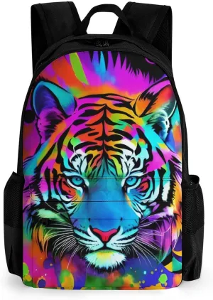 Polyester Daypack for Hiking Work Running - Big Capacity Anti-Theft Multipurpose Shoulder Bag, Colorful Abstract King Of The Tiger Watercolor Art Travel and Sport Backpack Rucksack