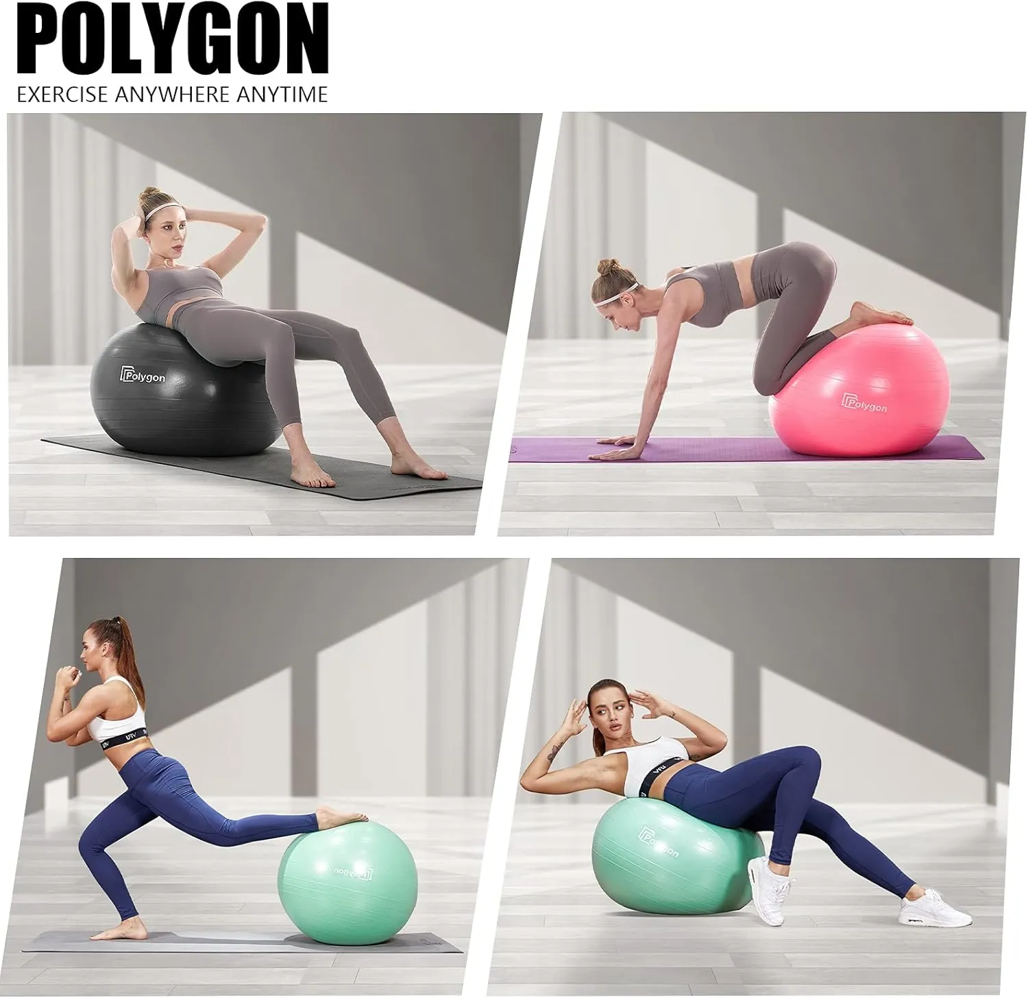 Polygon Exercise Ball - Professional Grade Anti-Burst Fitness Yoga Ball for Pilates, Pregnancy, Balance, Stability - Ideal for Home, Office, and Gym Workouts