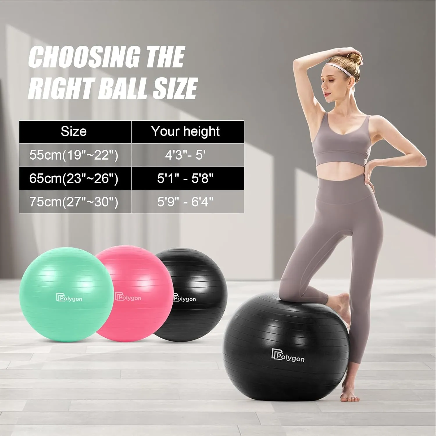 Polygon Exercise Ball - Professional Grade Anti-Burst Fitness Yoga Ball for Pilates, Pregnancy, Balance, Stability - Ideal for Home, Office, and Gym Workouts