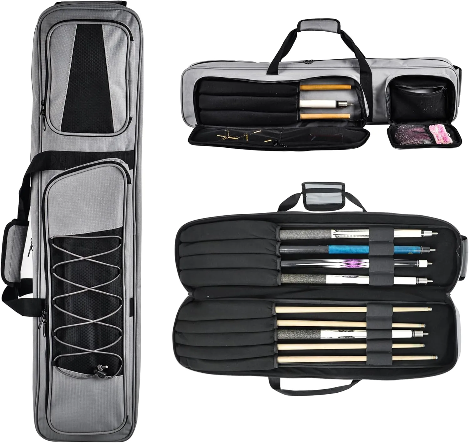 Pool Cue Case 4x5, Lightweight Pool Stick Holder Bag with Multi Pockets and Shoulder Strap, Soft Padded Billiard Stick Carrying Case Holds 4 Butts and 5 Shafts