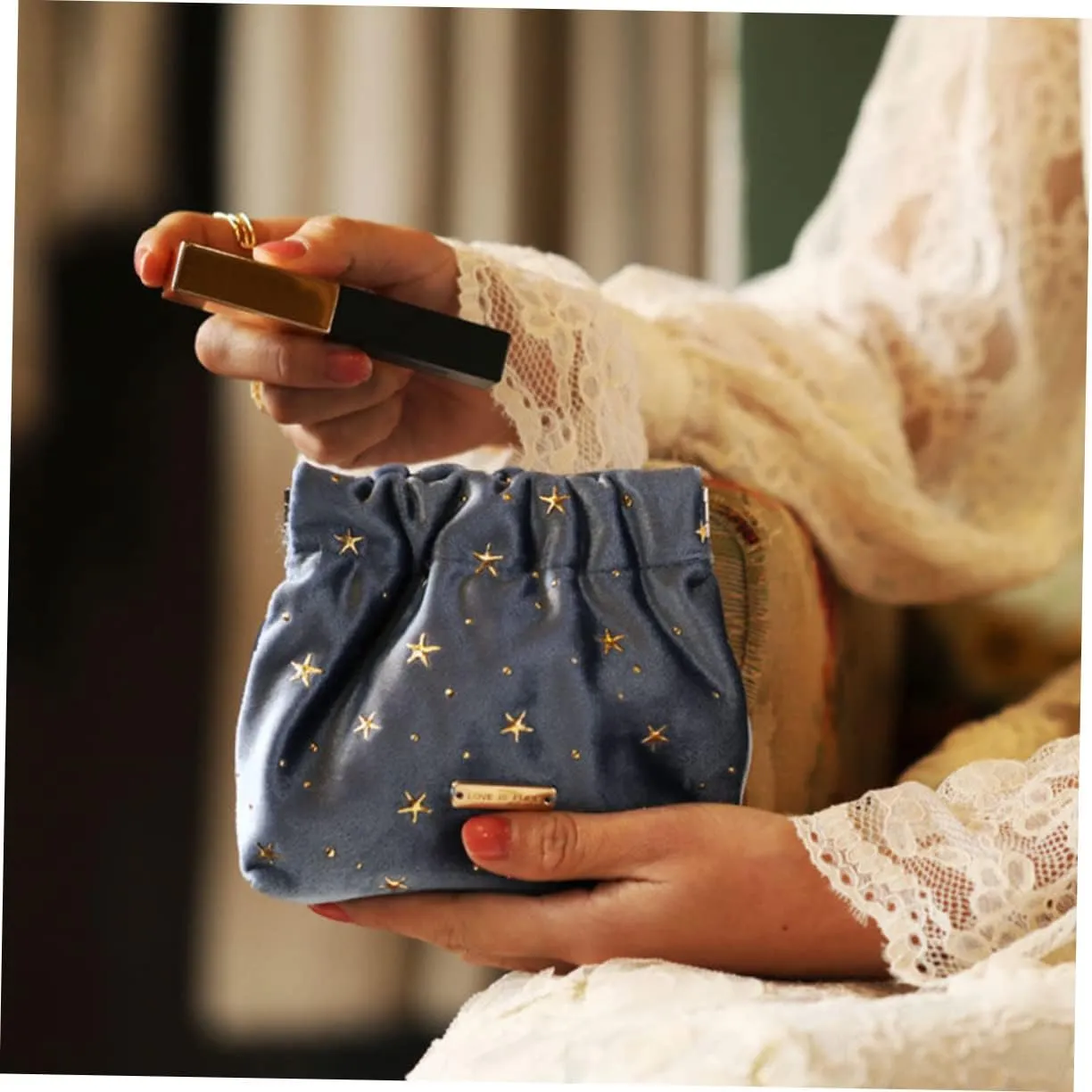 POPETPOP Cosmetic Bag for Women, Small Portable Blue Makeup Purse for Travel, Aesthetic Storage for Women, Girls