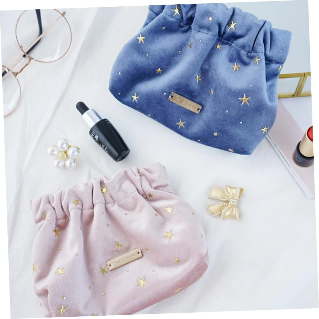 POPETPOP Cosmetic Bag for Women, Small Portable Blue Makeup Purse for Travel, Aesthetic Storage for Women, Girls