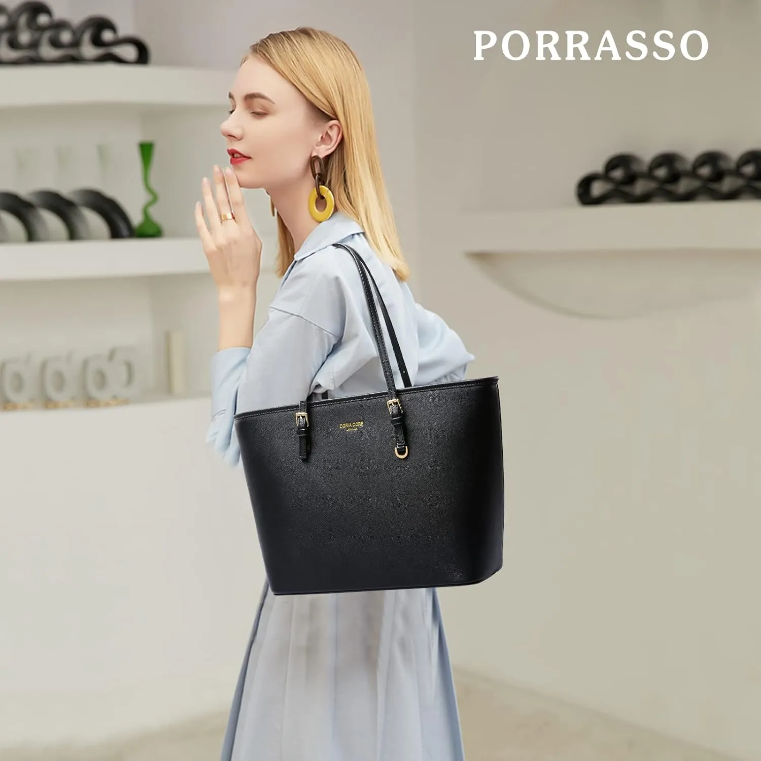 PORRASSO Women Handbag Fashion Tote Bag Ladies Large Shoulder Bag PU Leather Top-Handle Bag for Work Travel Shopping Black